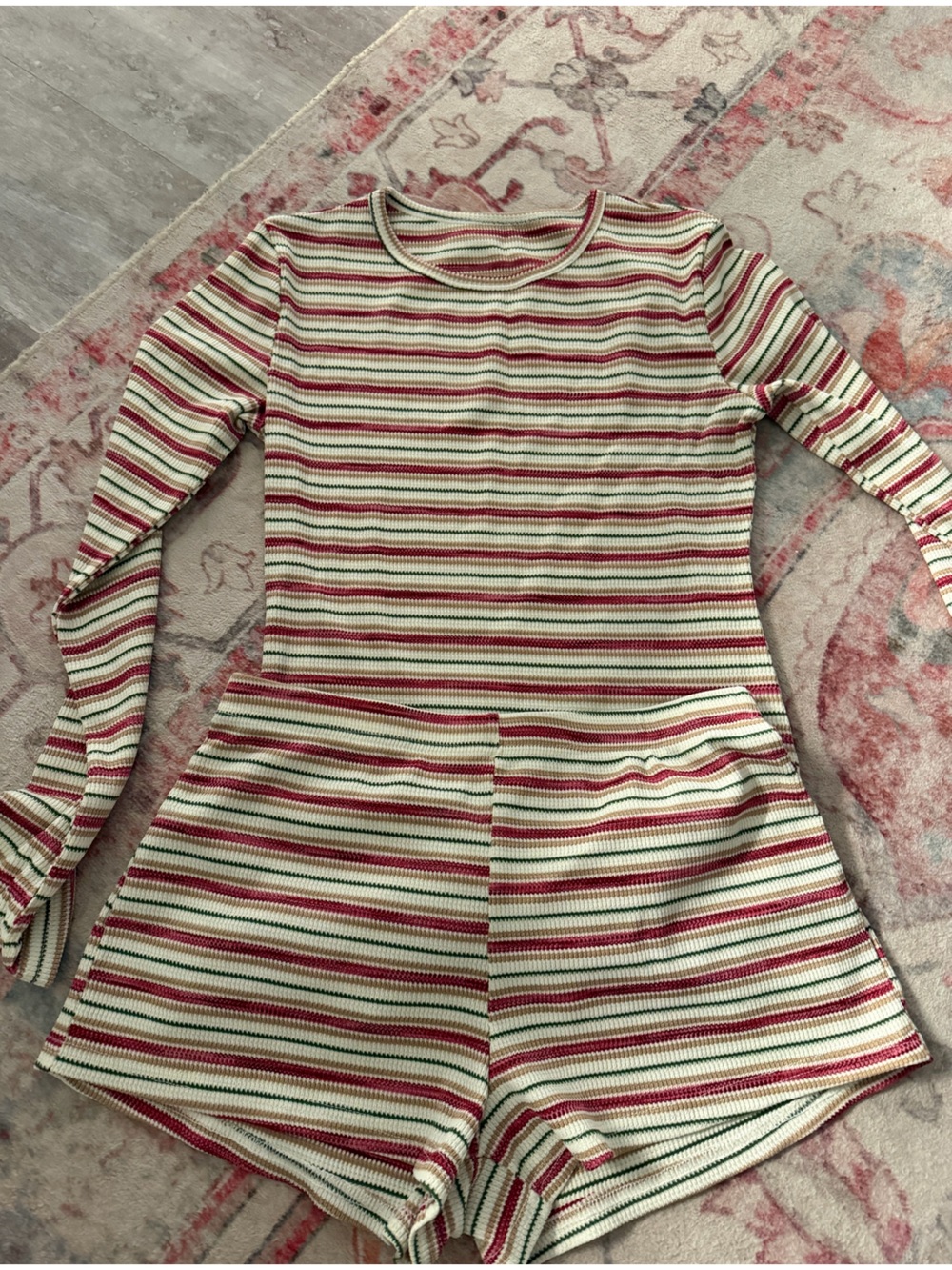 Ribbed Long-Sleeve Striped Pajama Set in Cream, Red & Green